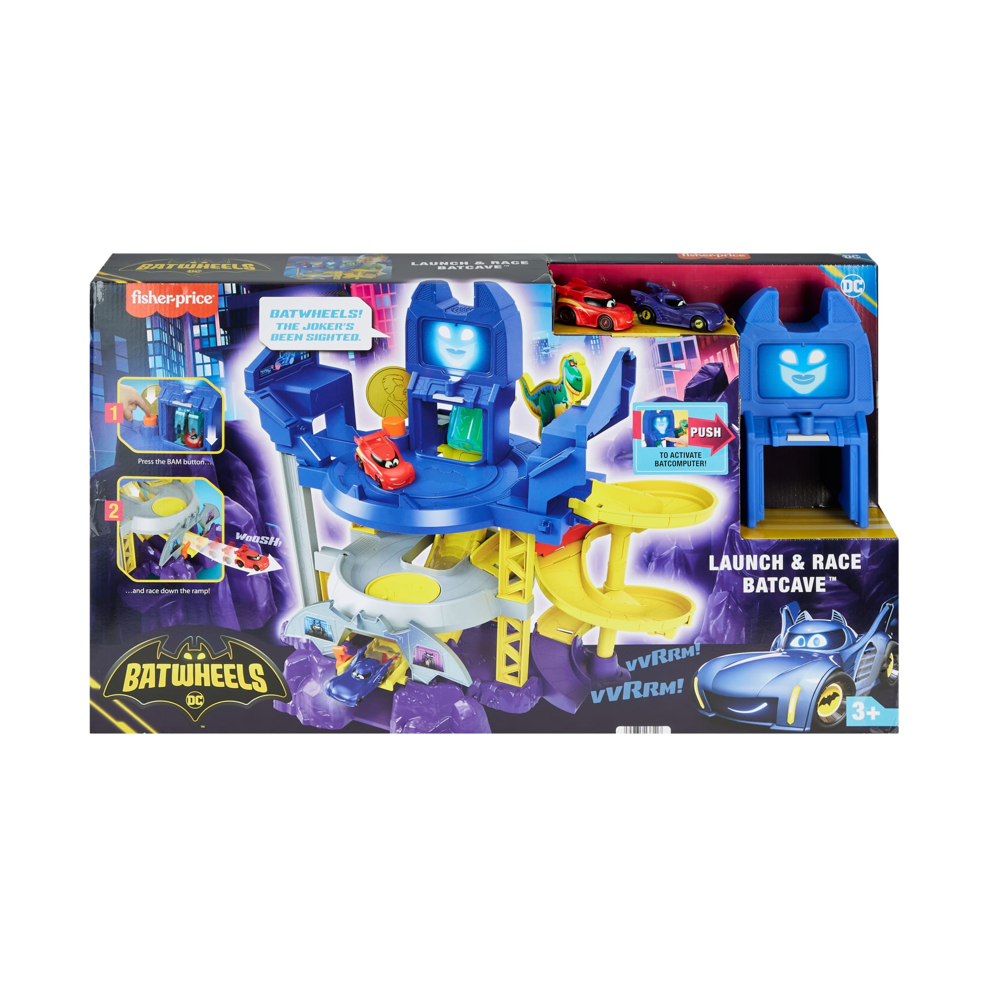 Fisher-Price DC Batwheels Race Track Playset, Launch & Race Batcave With Lights Sounds & 2 Toy Cars