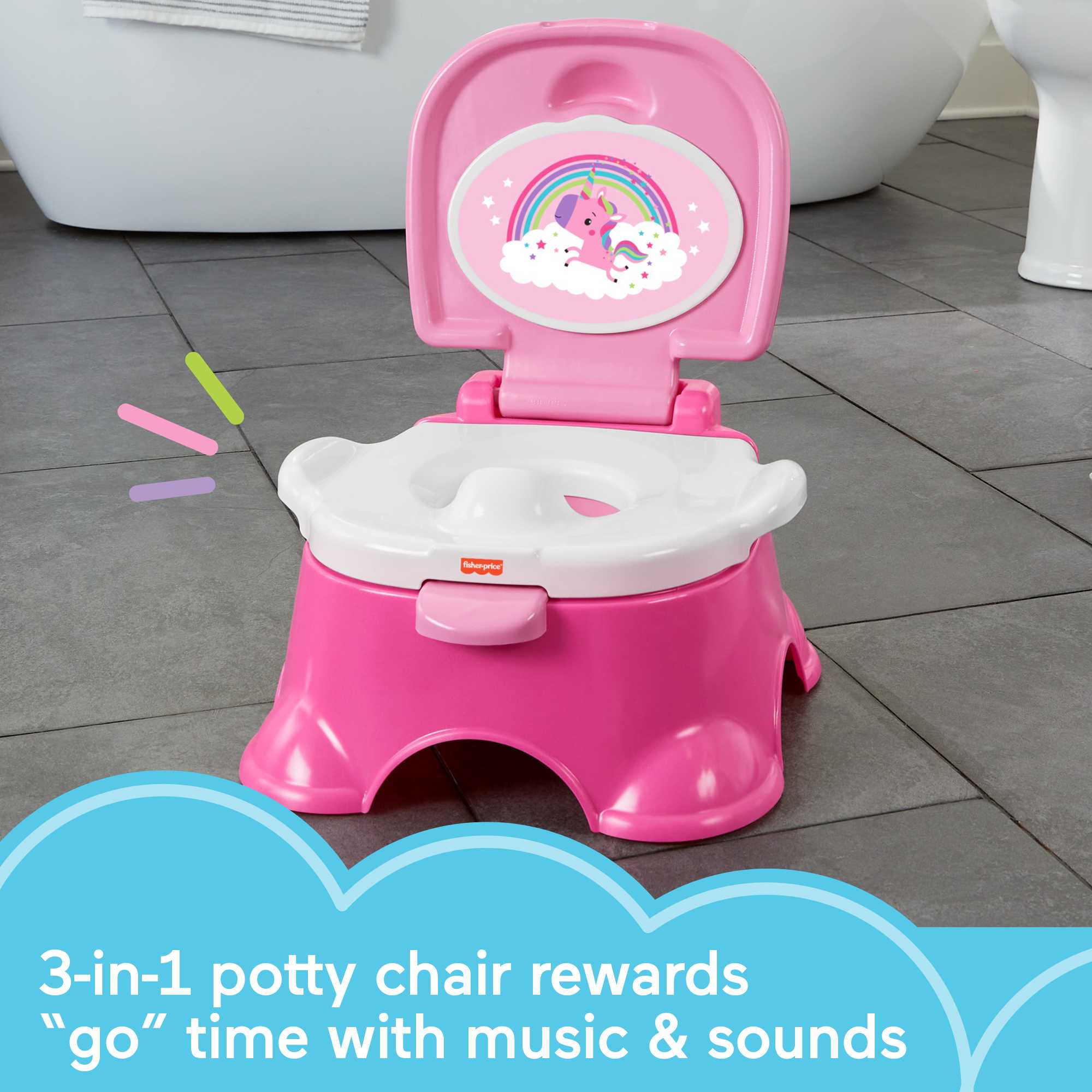 Fisher-Price 3-in-1 Unicorn Tunes Potty Toddler Training Toilet And Step Stool With Music